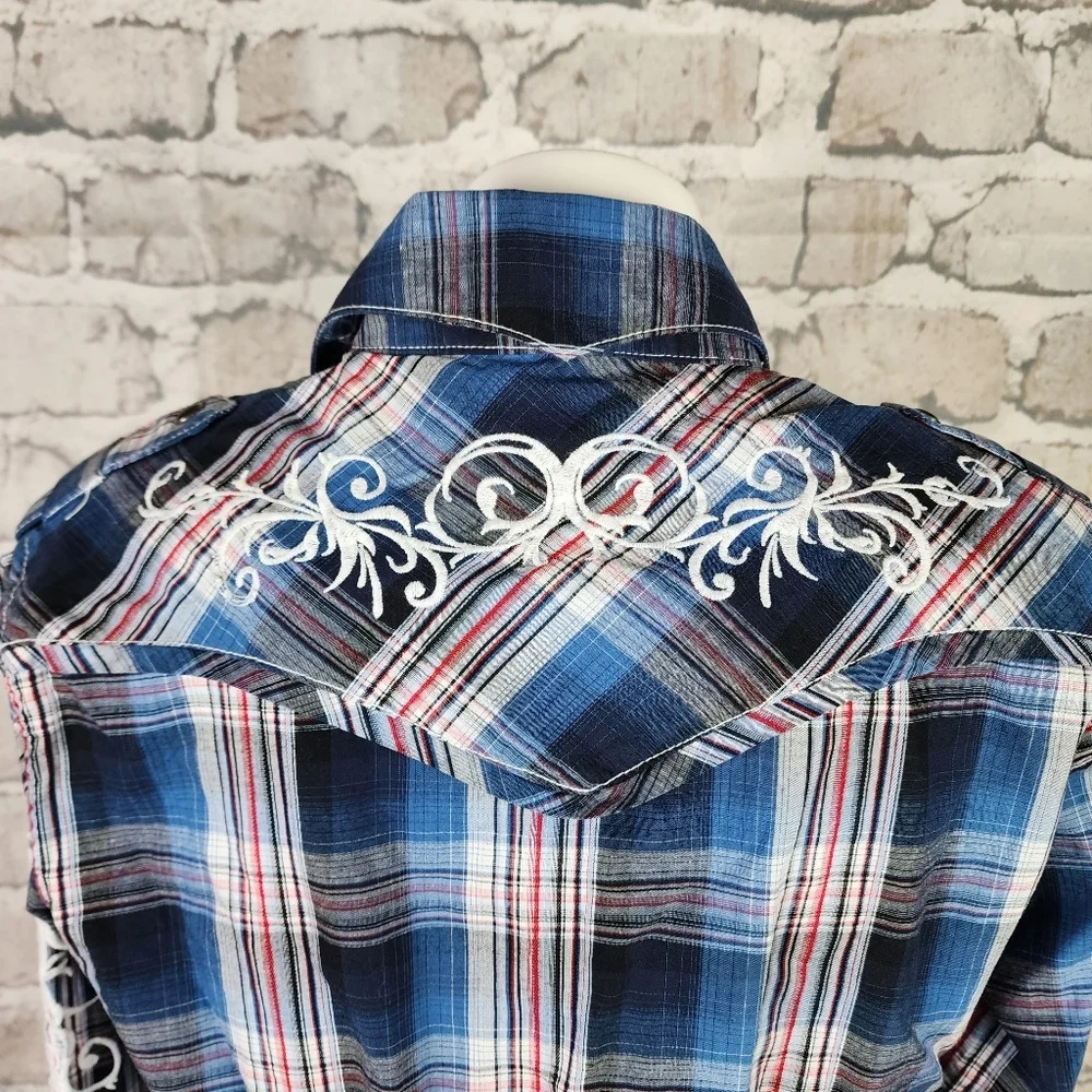 Panhandle Slim Plaid Pearl Snap Shirt  Embroidered Blue Red Size Medium - Picture 14 of 16